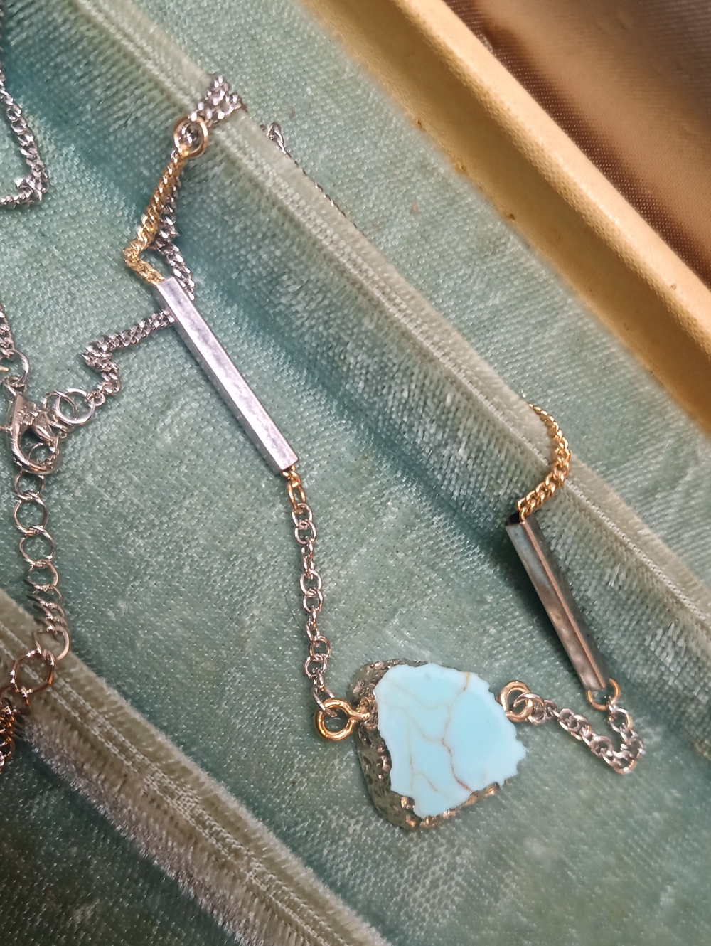 Pendant Necklace Two Tome- Turquoise Blue Pendant on Silver And Gold Chain